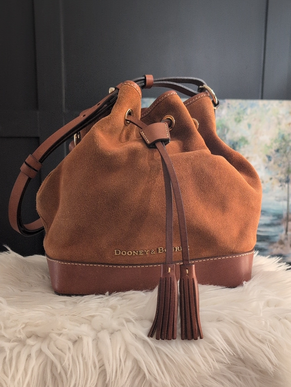 Dooney & Bourke Rust Suede Drawstring Tassel Shoulder Bag